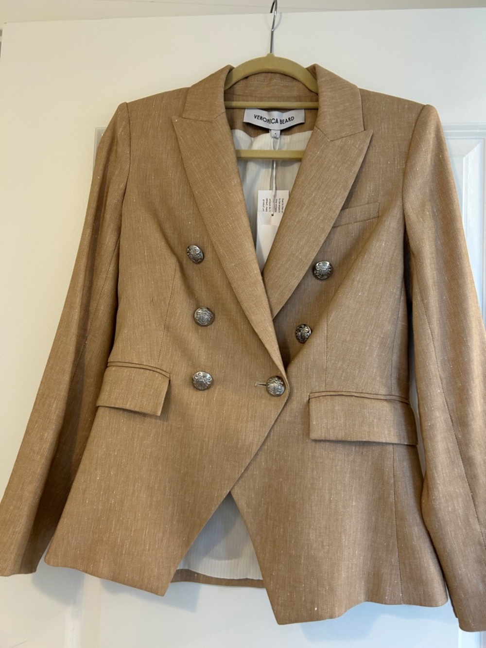 Veronica Beard Camel Double-Breasted Linen-Blend Blazer